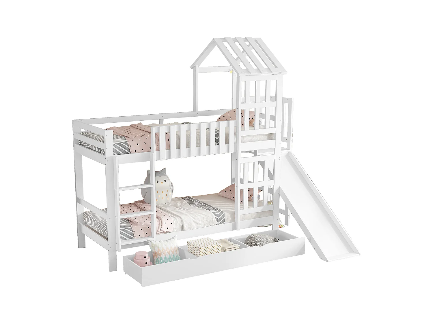 Lit superposé 90x200 cm - avec toboggan - avec 1 tiroir - avec toit et fenêtres - Bois massif + MDF - Blanc (sans matelas)