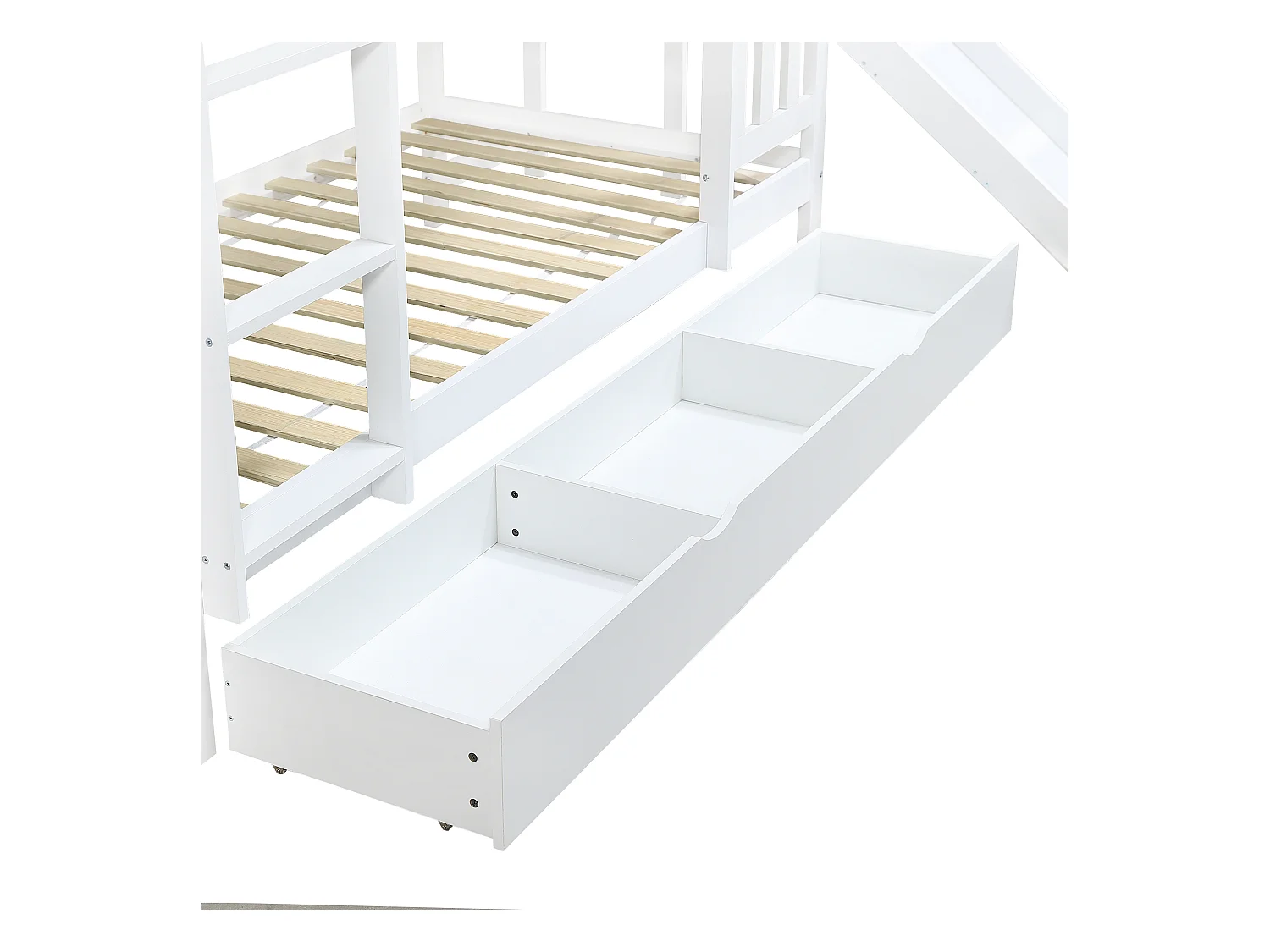 Lit superposé 90x200 cm - avec toboggan - avec 1 tiroir - avec toit et fenêtres - Bois massif + MDF - Blanc (sans matelas)