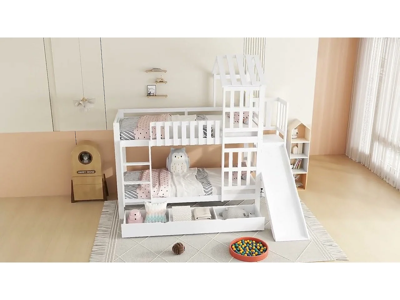 Lit superposé 90x200 cm - avec toboggan - avec 1 tiroir - avec toit et fenêtres - Bois massif + MDF - Blanc (sans matelas)