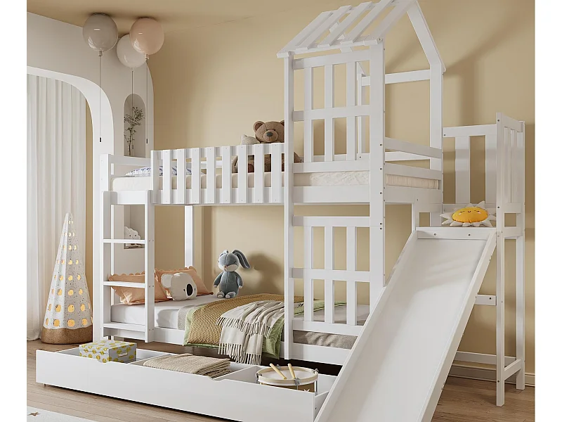 Lit superposé 90x200 cm - avec toboggan - avec 1 tiroir - avec toit et fenêtres - Bois massif + MDF - Blanc (sans matelas)
