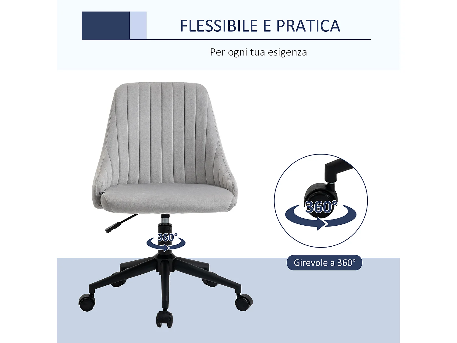 Sedia da ufficio girevole 360° in velluto altezza regolabile