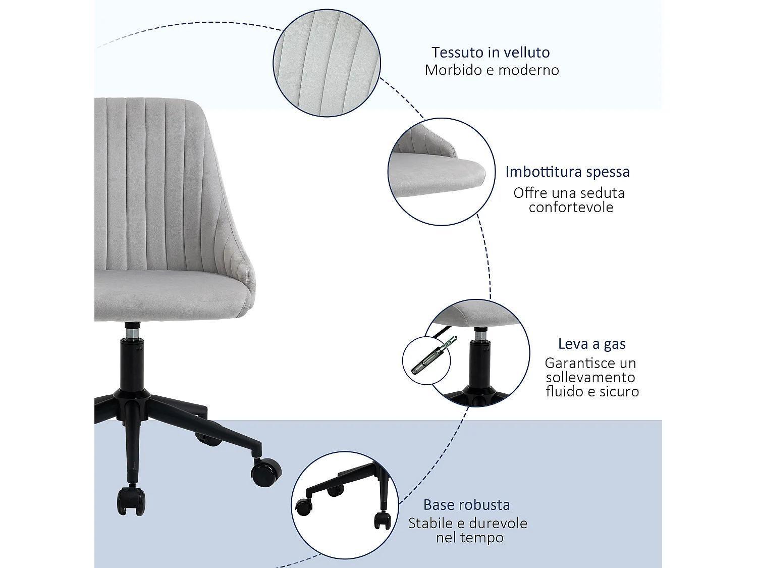 Sedia da ufficio girevole 360° in velluto altezza regolabile