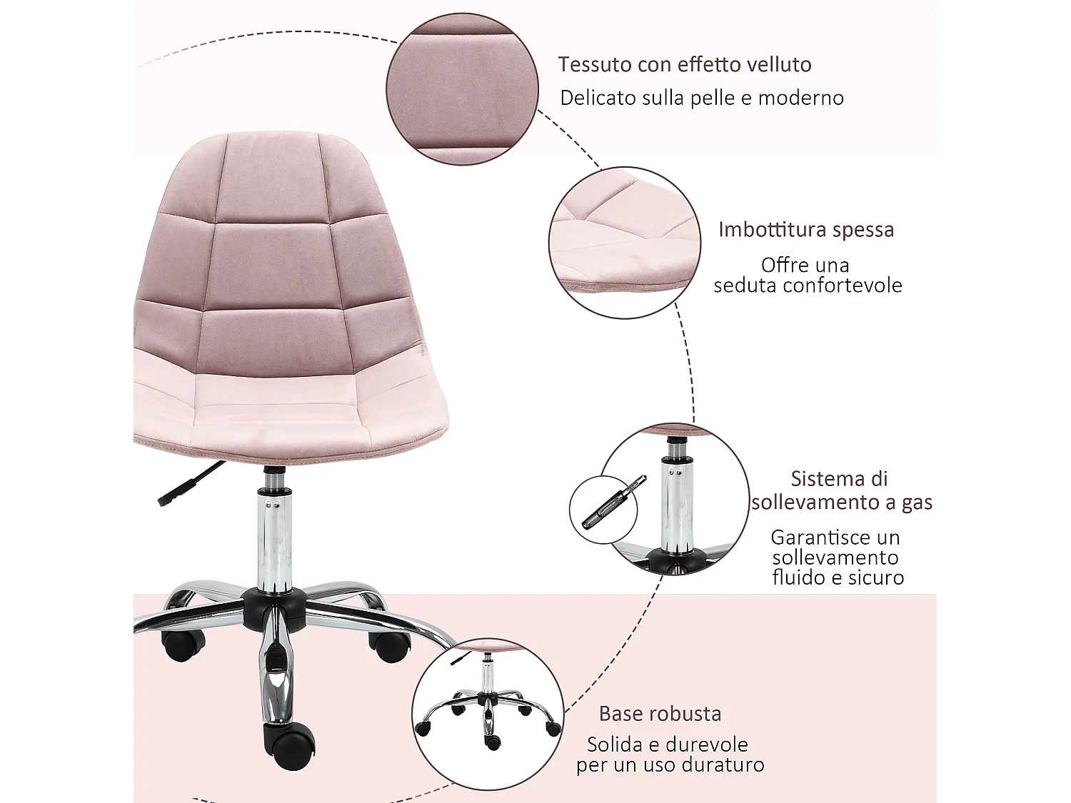 Sedia girevole per scrivania e ufficio in tessuto rosa