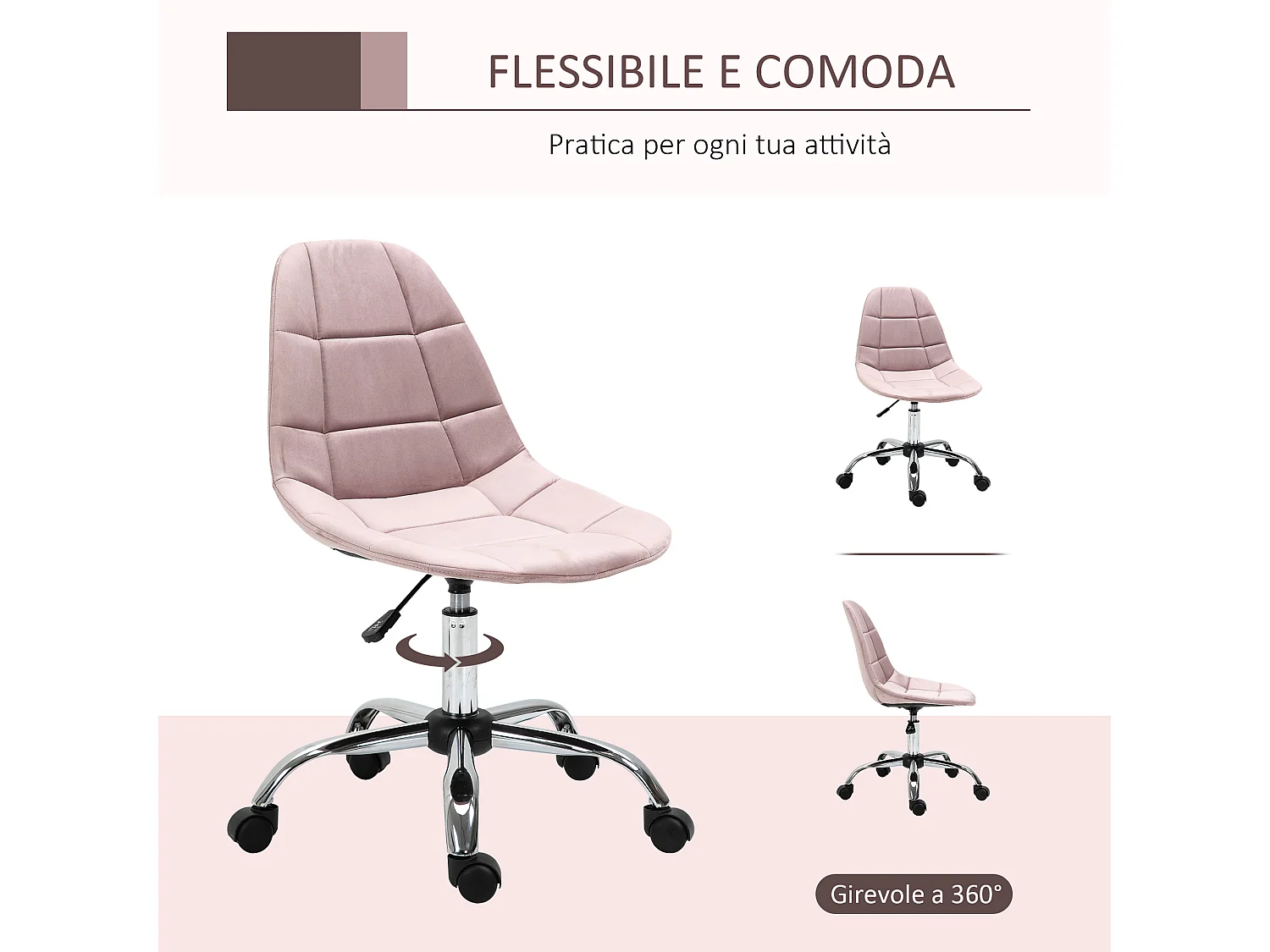 Sedia girevole per scrivania e ufficio in tessuto rosa