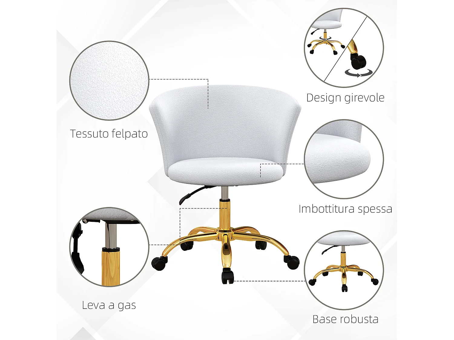 Sedia da ufficio girevole con altezza regolabile bianco e oro
