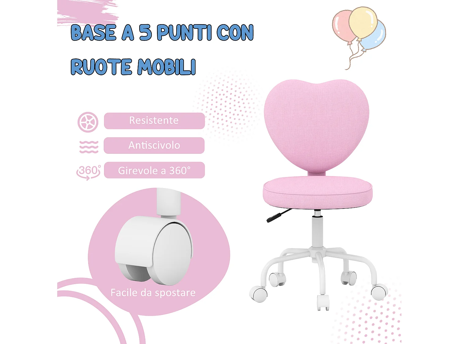 Sedia per scrivania con altezza regolabile in lino rosa