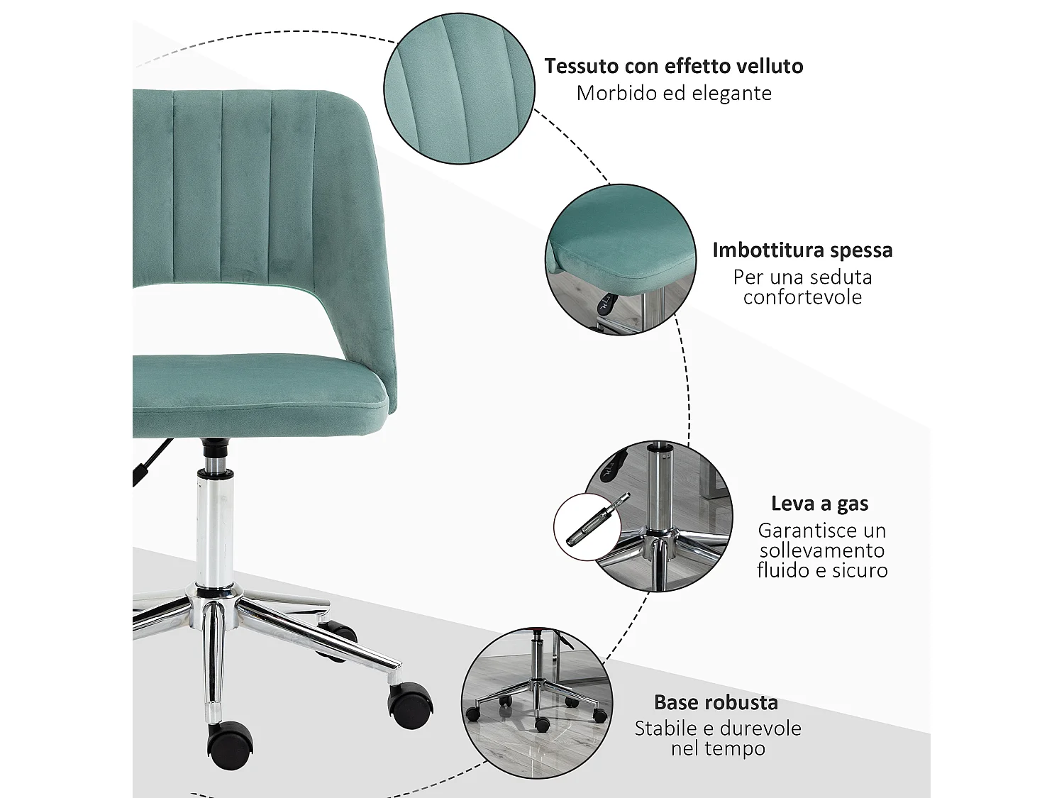 Sedia da ufficio girevole e imbottita verde petrolio