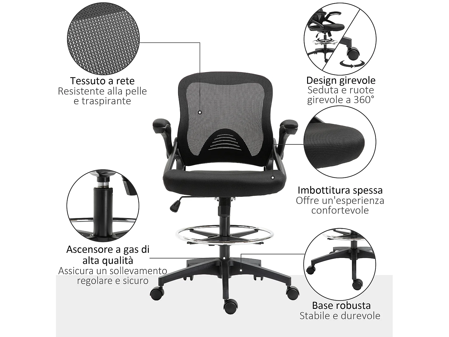 Sedia da ufficio traspirante ad altezza regolabile nera