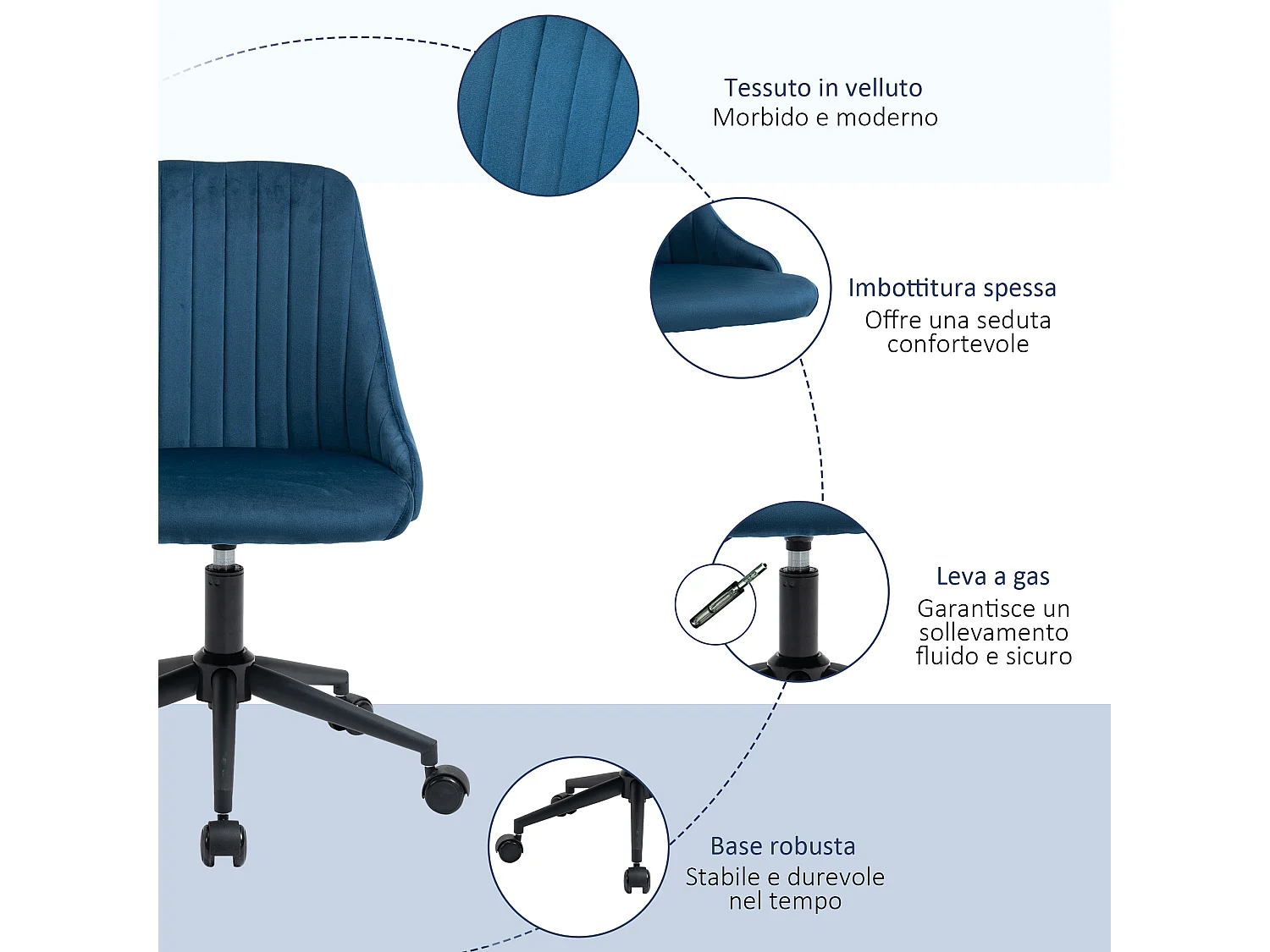 Sedia da ufficio girevole 360° in velluto altezza regolabile