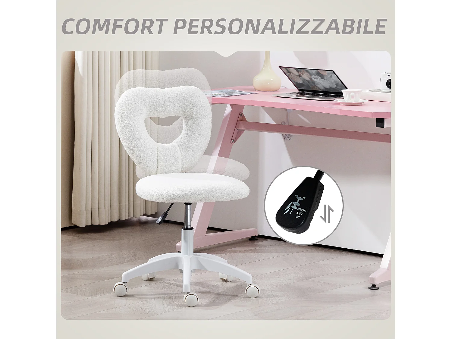 Sedia da ufficio imbottita con schienale a cuore in velluto bianco