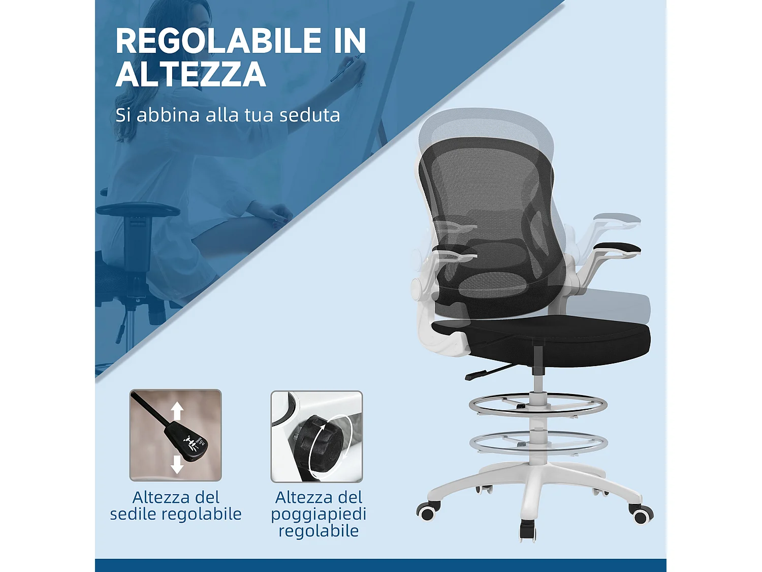 Sedia da ufficio ergonomica ad altezza regolabile bianca nera
