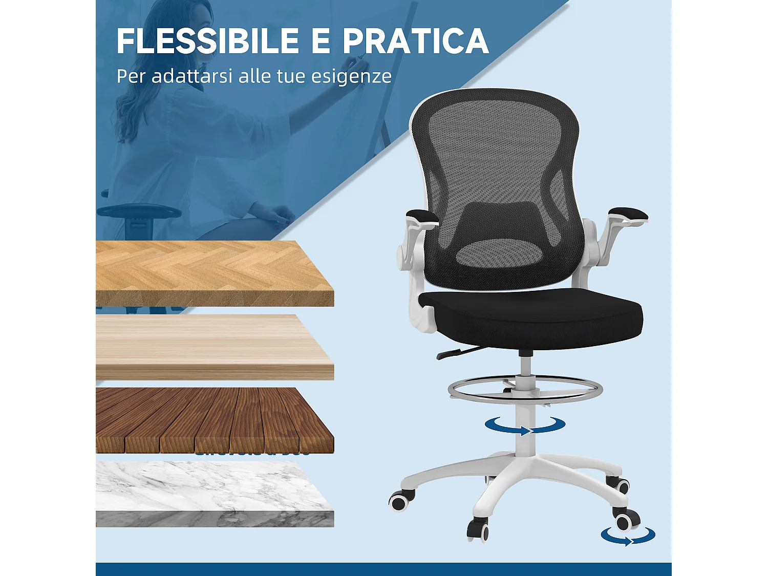 Sedia da ufficio ergonomica ad altezza regolabile bianca nera