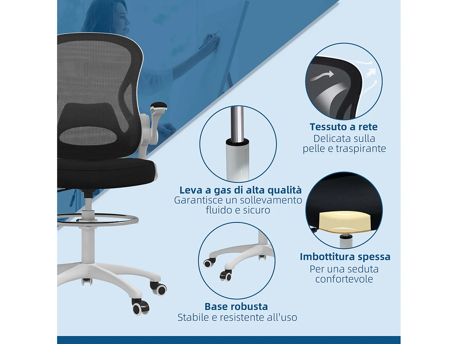 Sedia da ufficio ergonomica ad altezza regolabile bianca nera