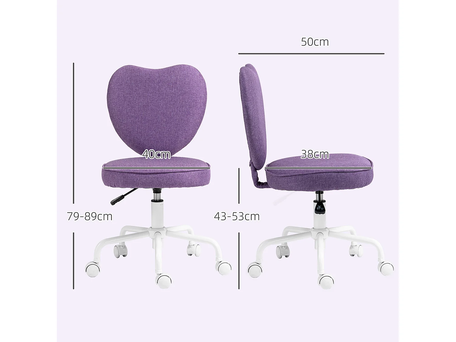 Sedia da scrivania a forma di cuore imbottita in tessuto viola