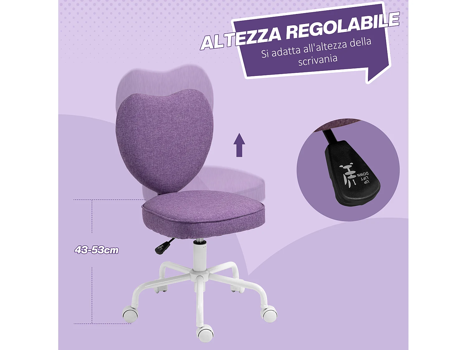 Sedia da scrivania a forma di cuore imbottita in tessuto viola