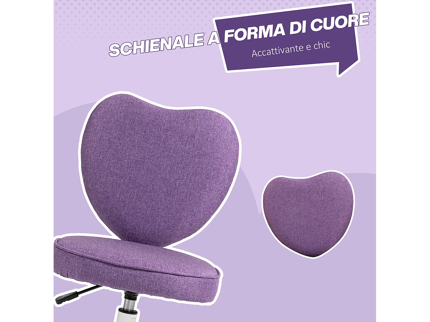 Sedia da scrivania a forma di cuore imbottita in tessuto viola