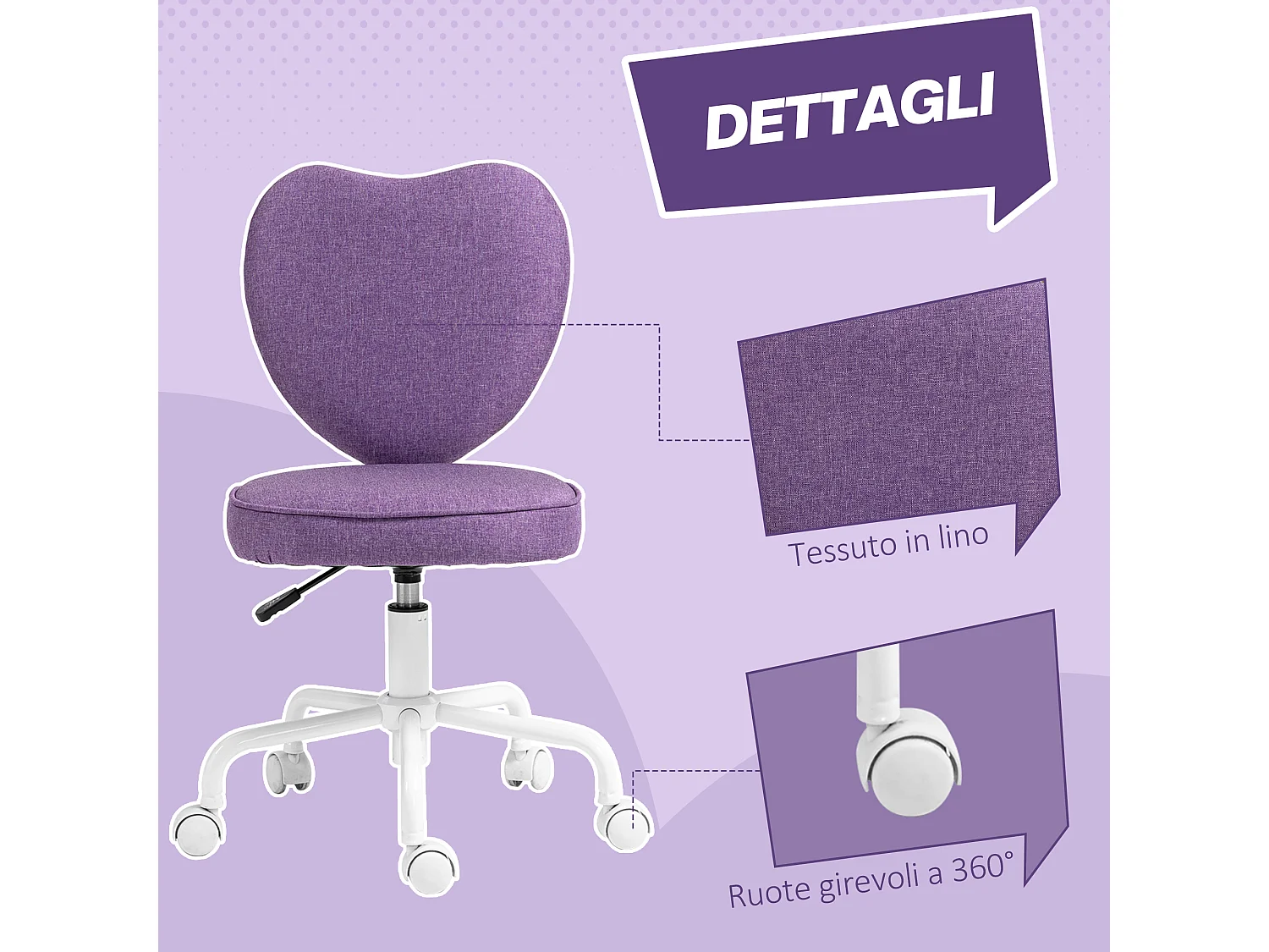 Sedia da scrivania a forma di cuore imbottita in tessuto viola