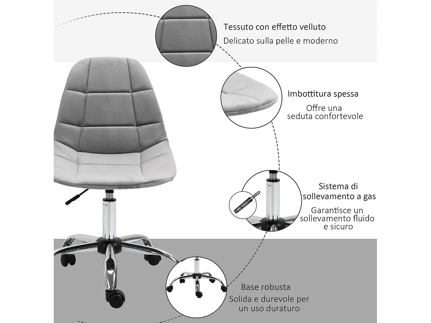 Sedia girevole design regolabile in tessuto grigio