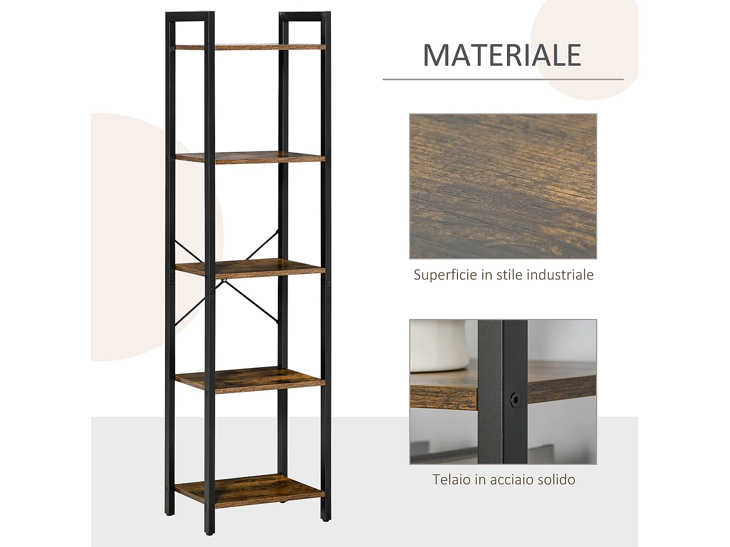 Libreria in legno e metallo stile industriale a 5 ripiani