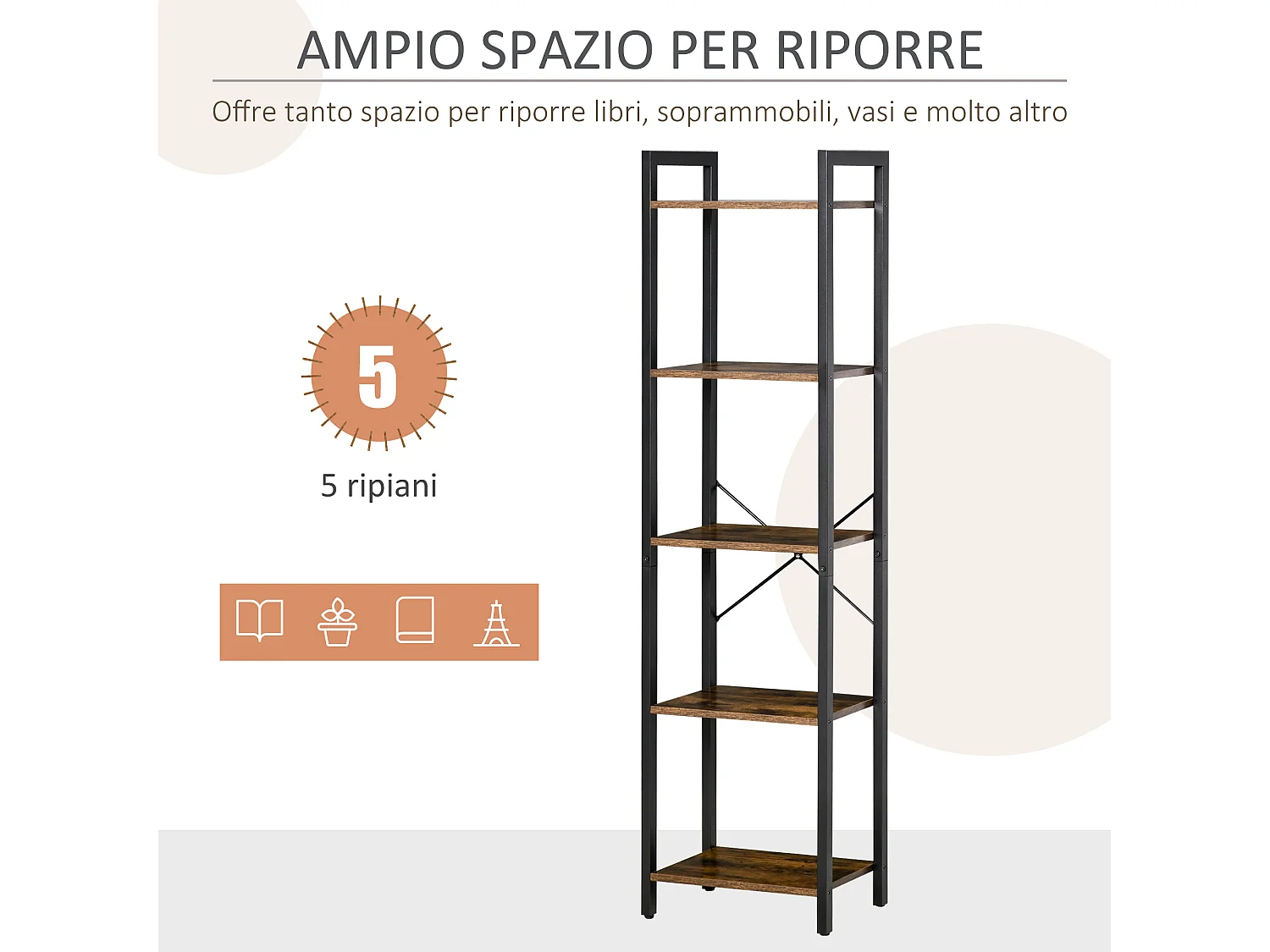 Libreria in legno e metallo stile industriale a 5 ripiani