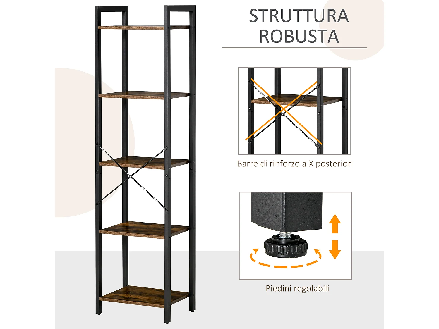 Libreria in legno e metallo stile industriale a 5 ripiani