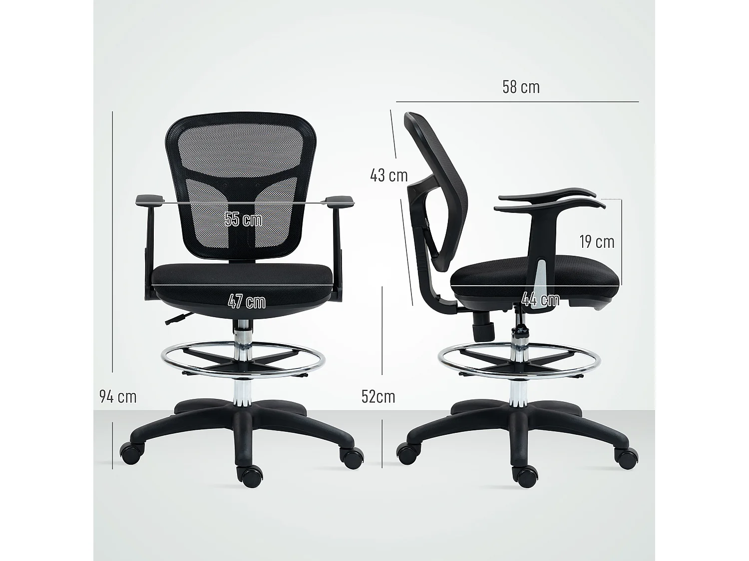 Sedia girevole con anello poggiapiedi e schienale ricurvo nera