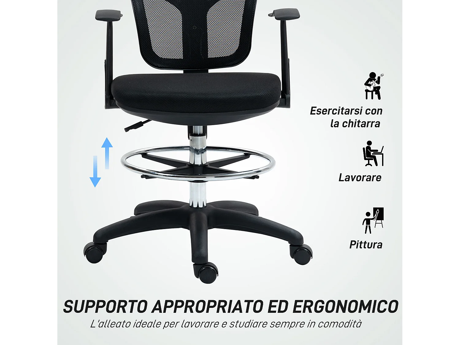 Sedia girevole con anello poggiapiedi e schienale ricurvo nera