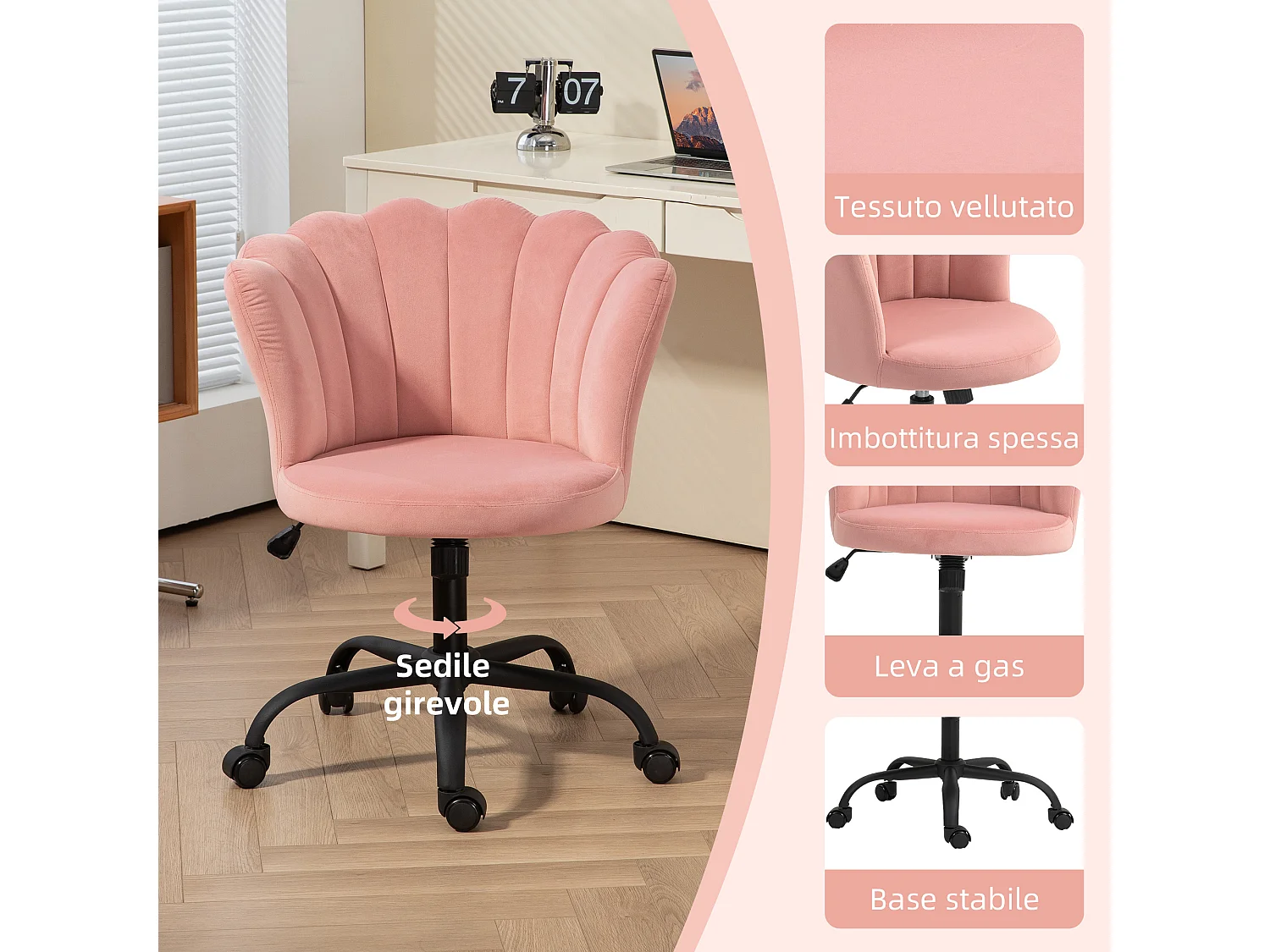 Sedia da ufficio con schienale a petalo in velluto rosa