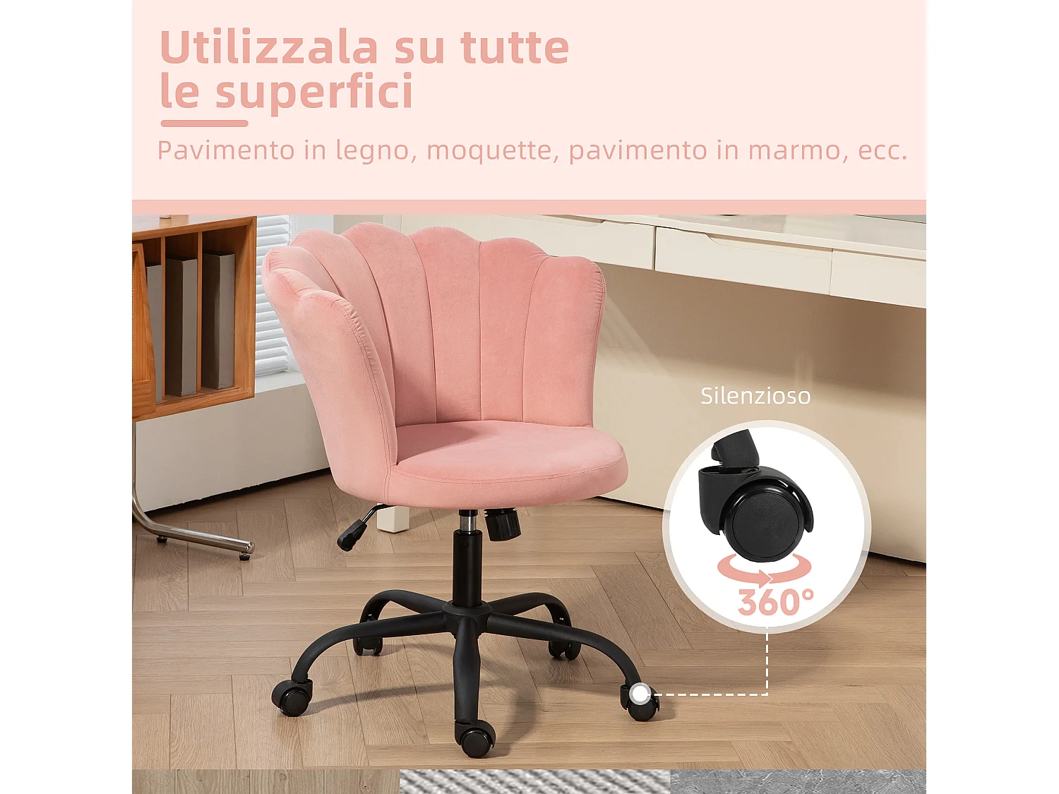 Sedia da ufficio con schienale a petalo in velluto rosa