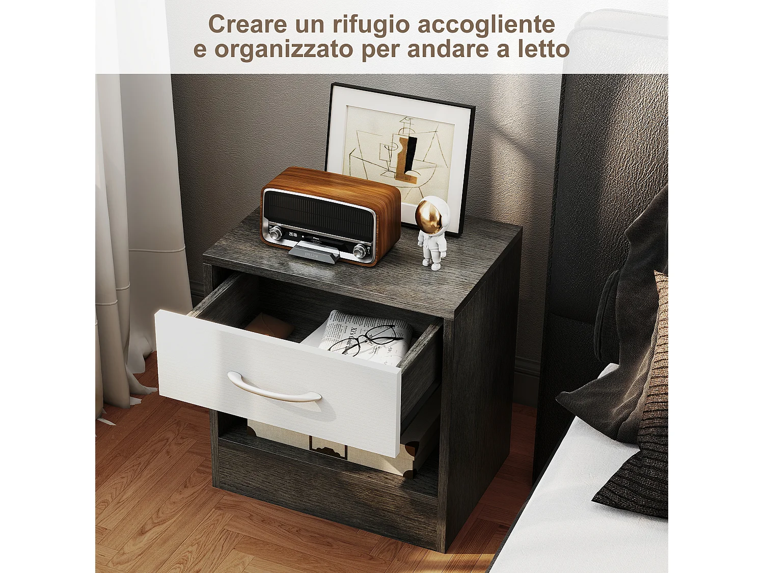 Comodino moderno con ripiano aperto e cassetto bianco e grigio scuro