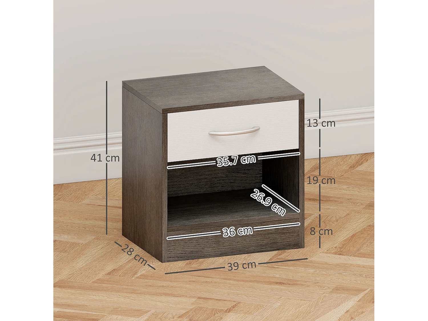 Comodino moderno con ripiano aperto e cassetto bianco e grigio scuro