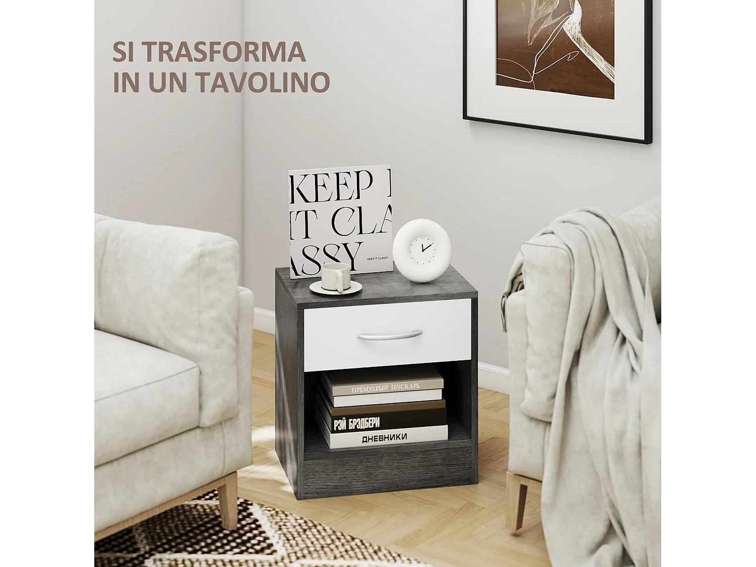 Comodino moderno con ripiano aperto e cassetto bianco e grigio scuro