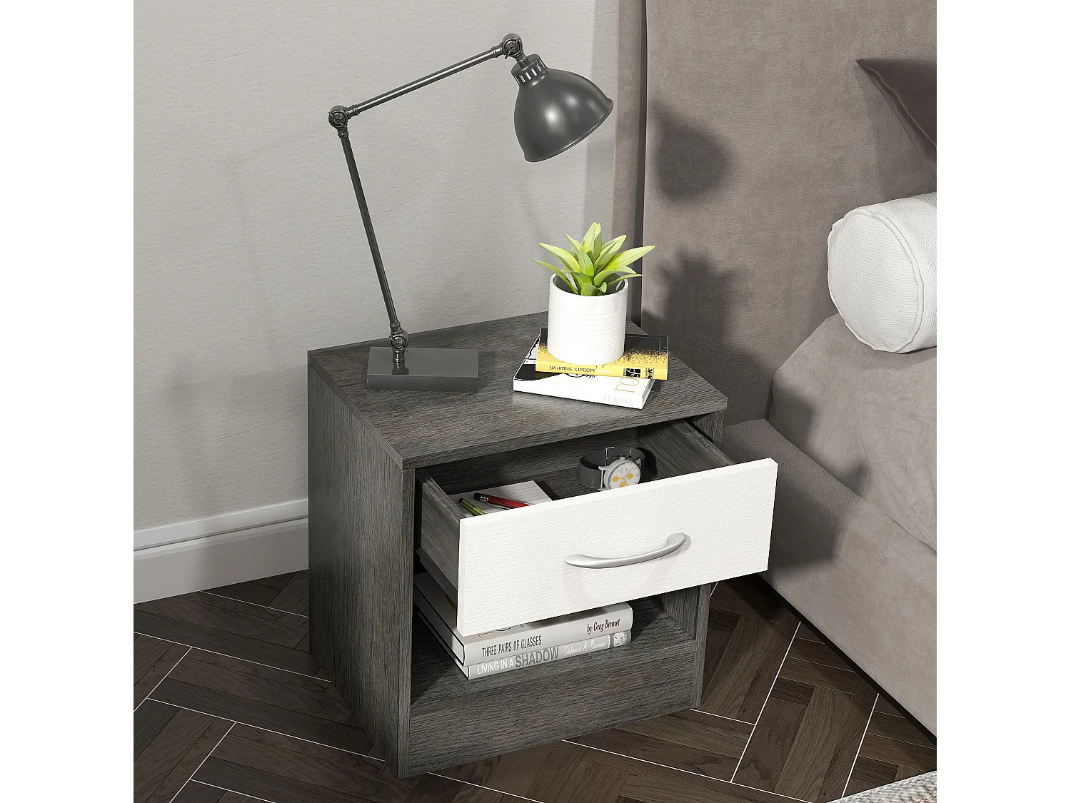 Comodino moderno con ripiano aperto e cassetto bianco e grigio scuro