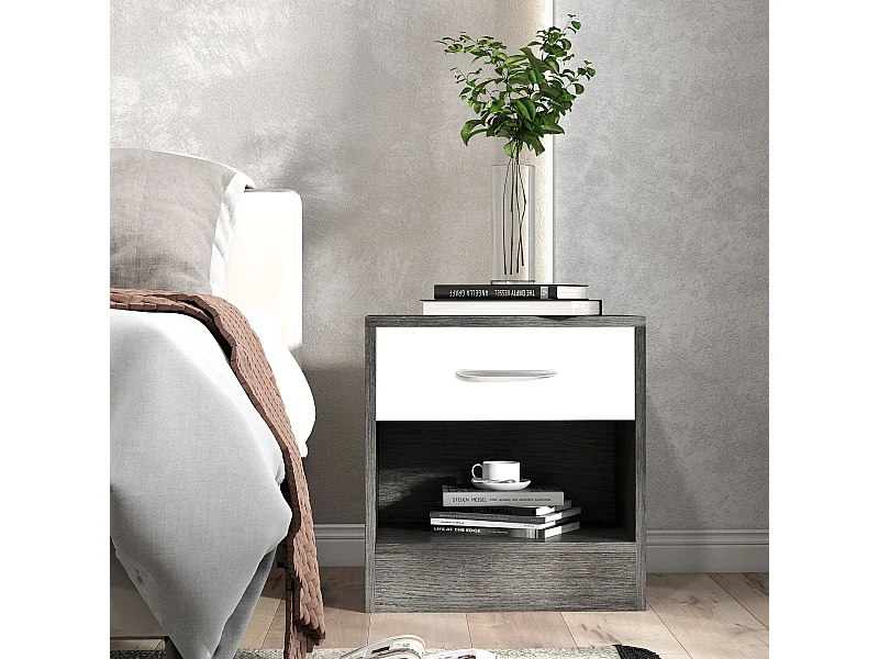Comodino moderno con ripiano aperto e cassetto bianco e grigio scuro