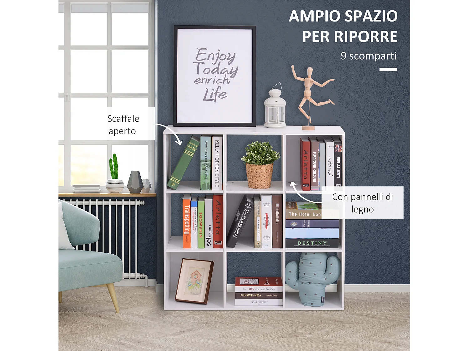 Mobile libreria moderna a 3 ripiani colore legno naturale e bianco