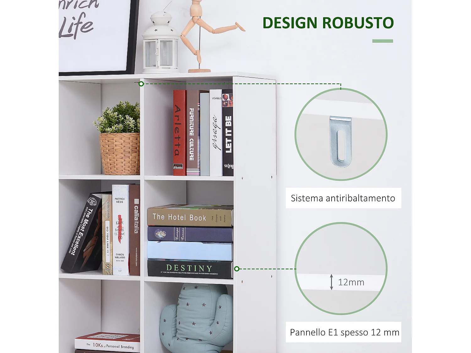 Mobile libreria moderna a 3 ripiani colore legno naturale e bianco