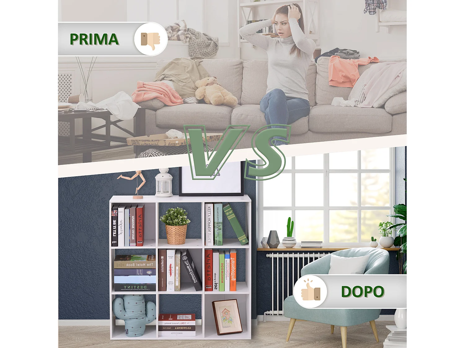 Mobile libreria moderna a 3 ripiani colore legno naturale e bianco