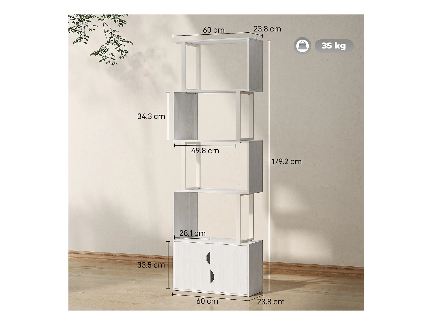 Libreria bianca moderna con 6 ripiani 61.5x29.5x91.5 cm