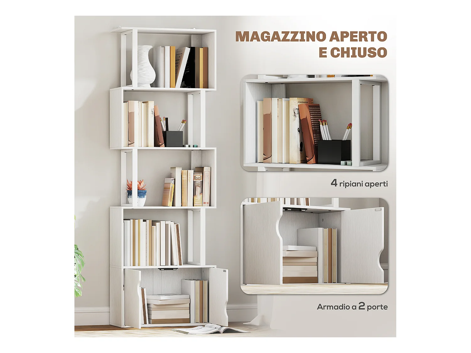Libreria bianca moderna con 6 ripiani 61.5x29.5x91.5 cm