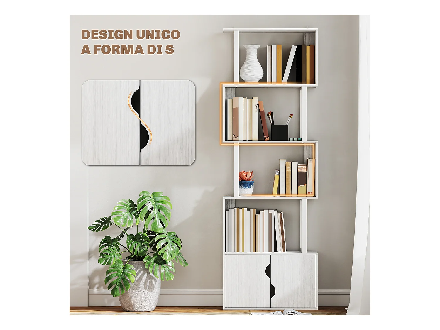 Libreria bianca moderna con 6 ripiani 61.5x29.5x91.5 cm