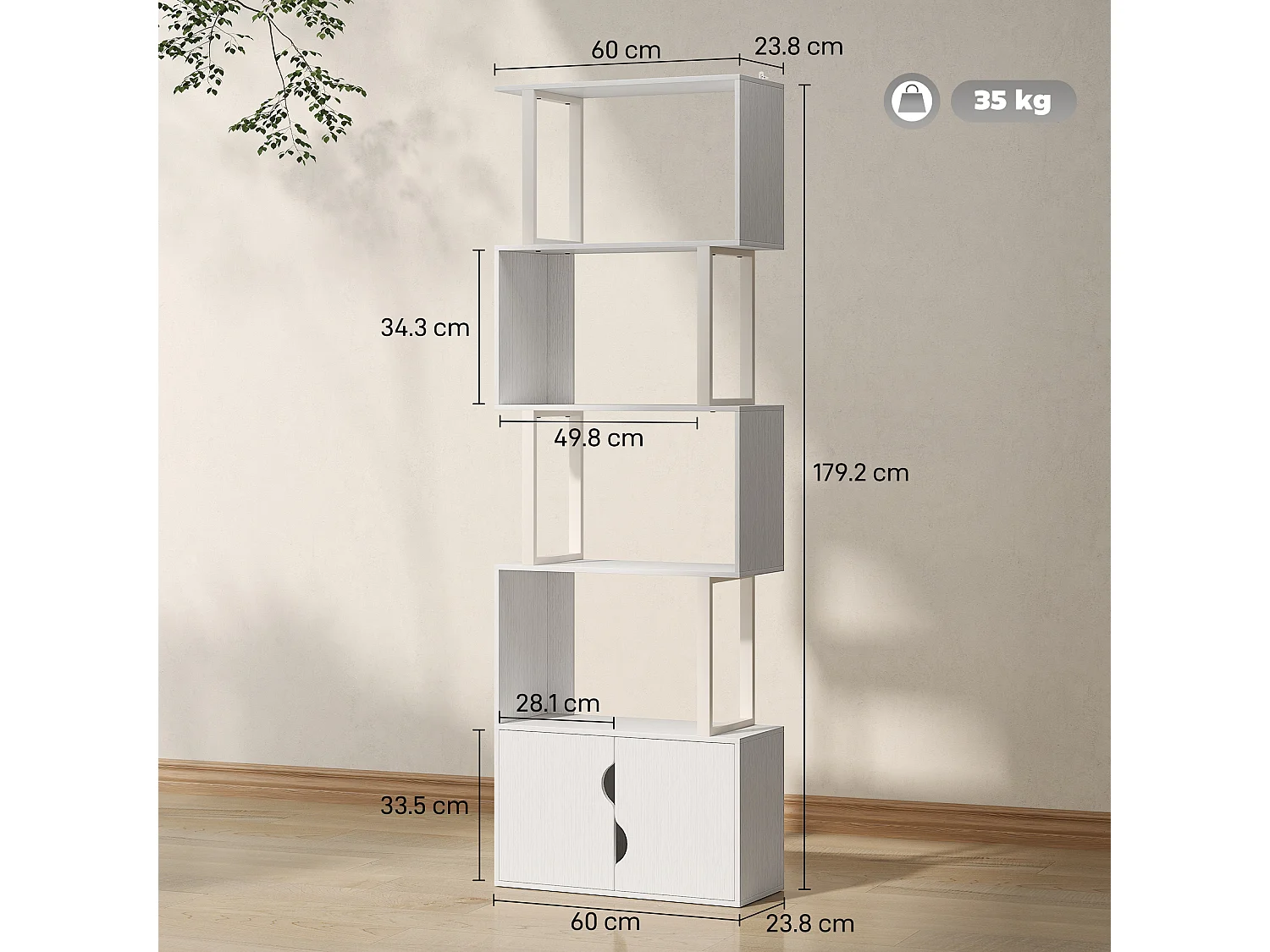 Libreria bianca moderna con 6 ripiani 61.5x29.5x91.5 cm