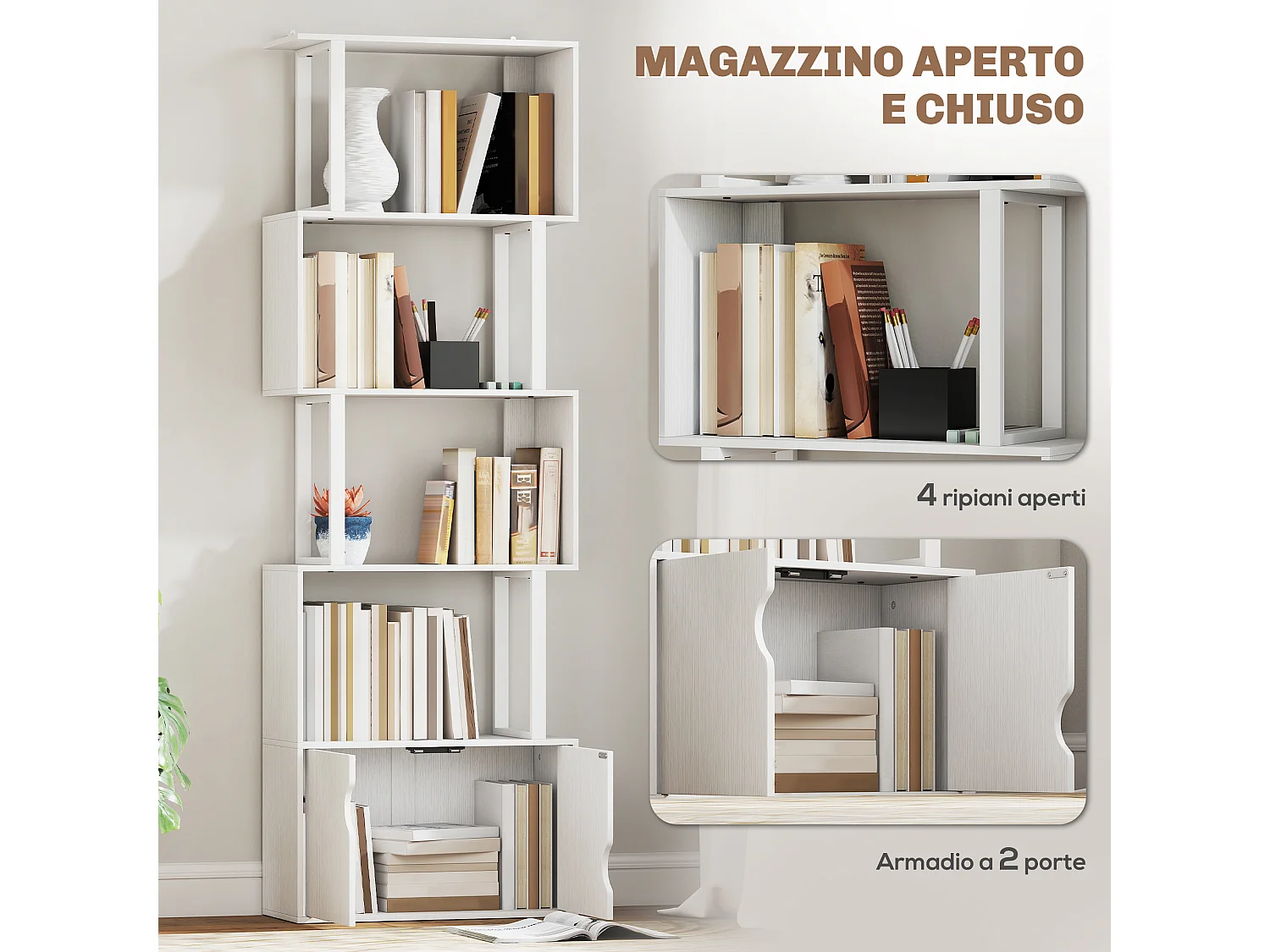 Libreria bianca moderna con 6 ripiani 61.5x29.5x91.5 cm
