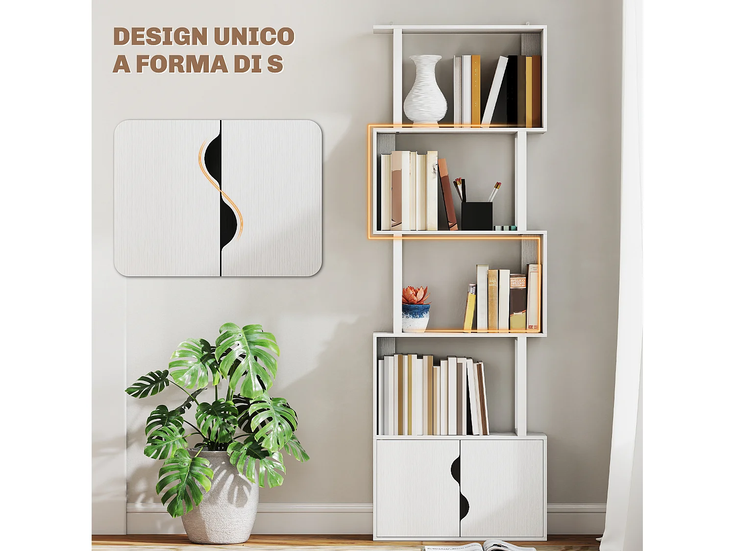 Libreria bianca moderna con 6 ripiani 61.5x29.5x91.5 cm