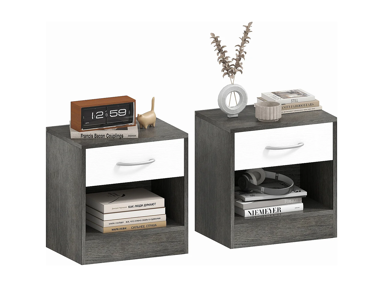 Set comodini moderni con ripiano aperto e cassetto bianco grigio scuro