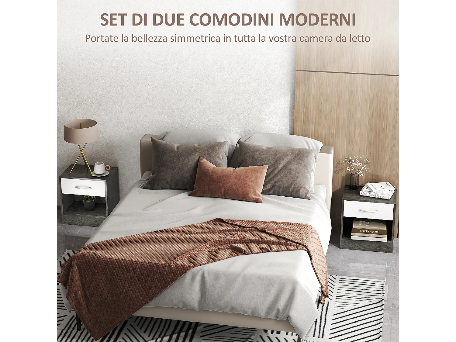 Set comodini moderni con ripiano aperto e cassetto bianco grigio scuro