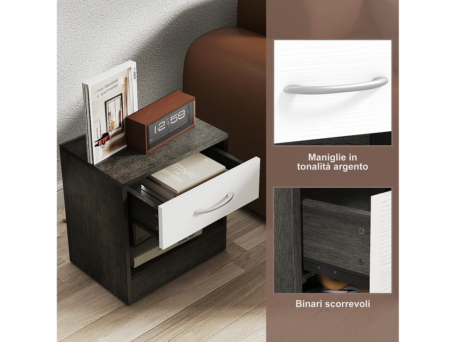 Set comodini moderni con ripiano aperto e cassetto bianco grigio scuro