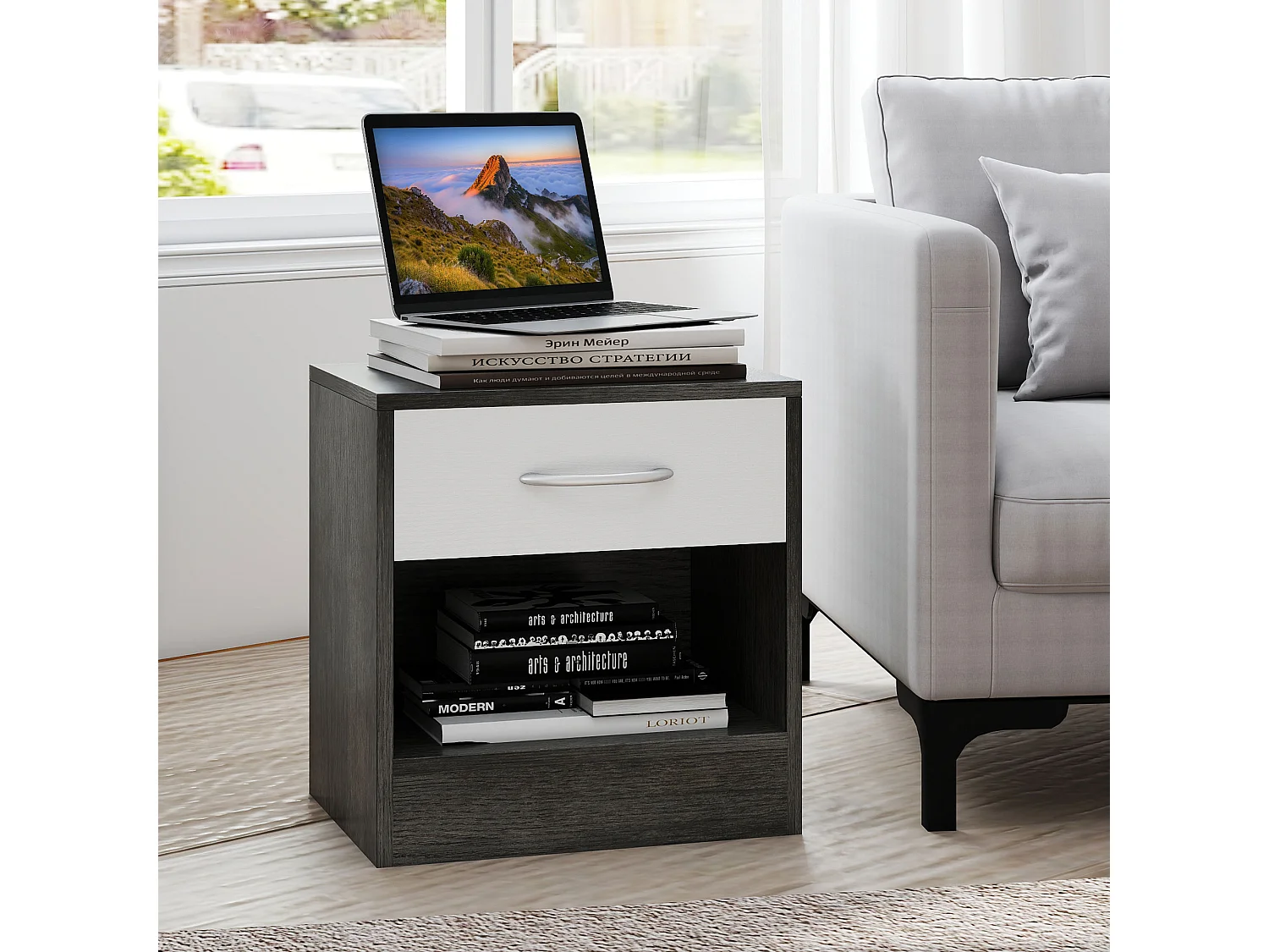 Set comodini moderni con ripiano aperto e cassetto bianco grigio scuro