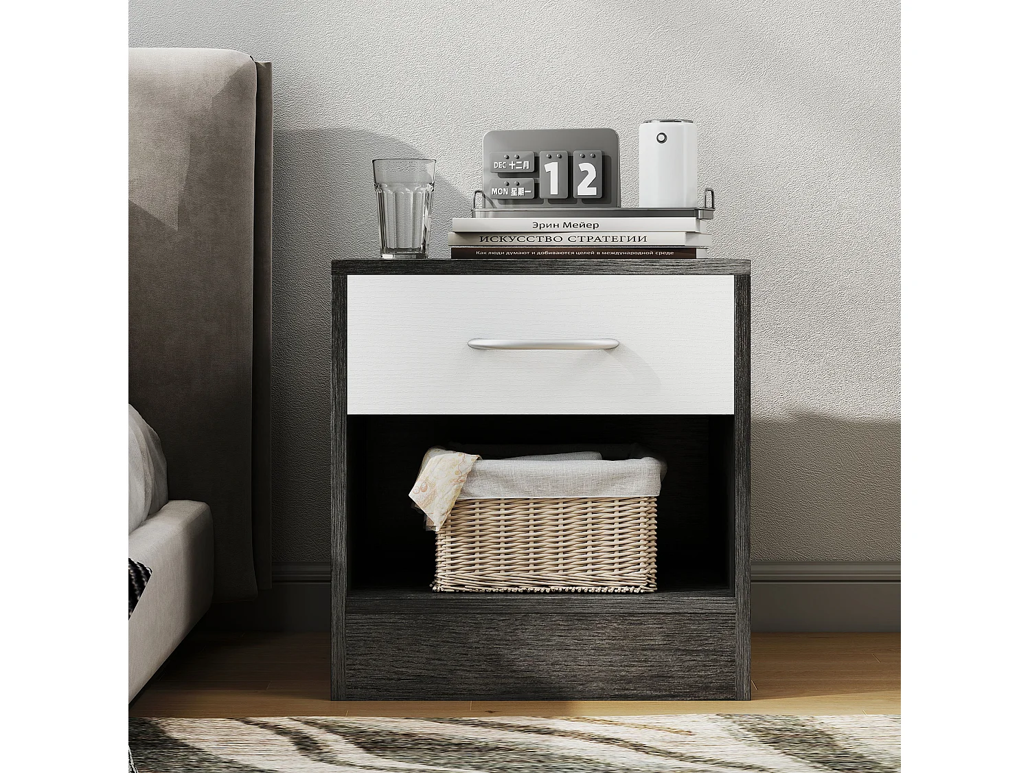 Set comodini moderni con ripiano aperto e cassetto bianco grigio scuro