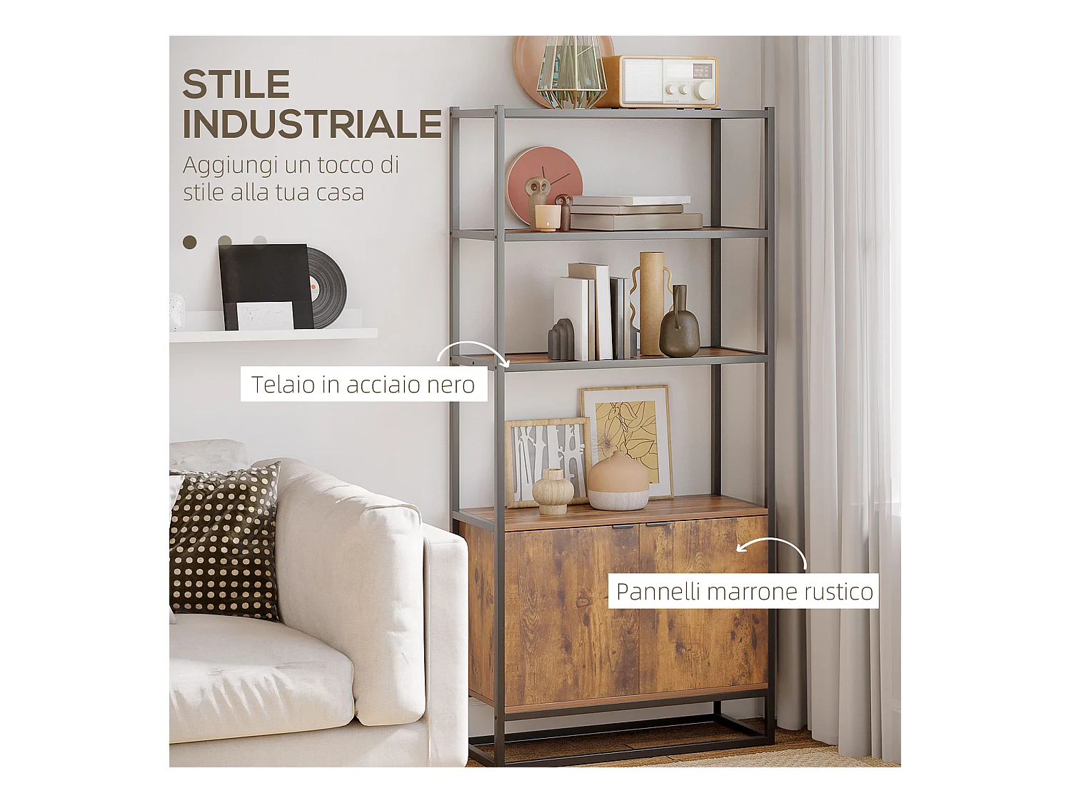 Libreria antiribaltamento stile industriale vintage marrone