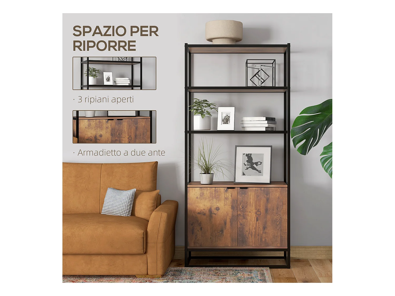 Libreria antiribaltamento stile industriale vintage marrone